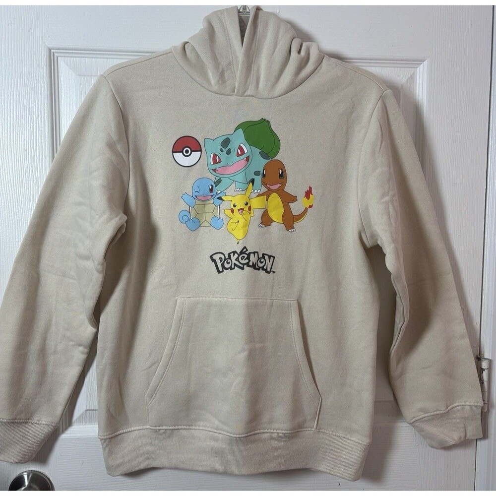 Pokémon Hoodie Youth XL 14/16 Beige Pikachu Charmander Squirtle Bulbasaur New